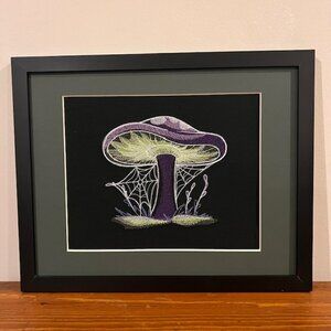 Homemade Purple & Green Mushroom Embroidery Art